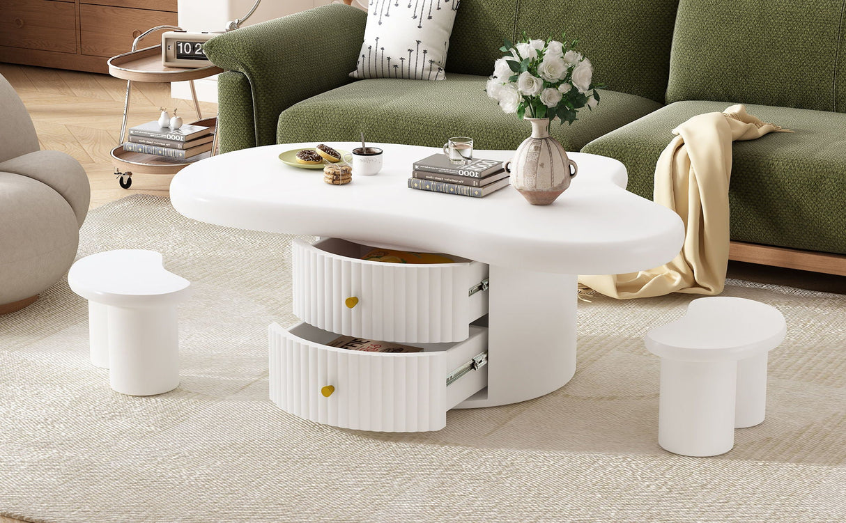 Couch.com Cloud Coffee Table (Set of 3), Irregular Shape Coffee Table With 2 Drawers, 2 Small Stools For Living Room White, Set of 2, with Storage, Durable Design, Wood Construction, White Finish by Couch.com