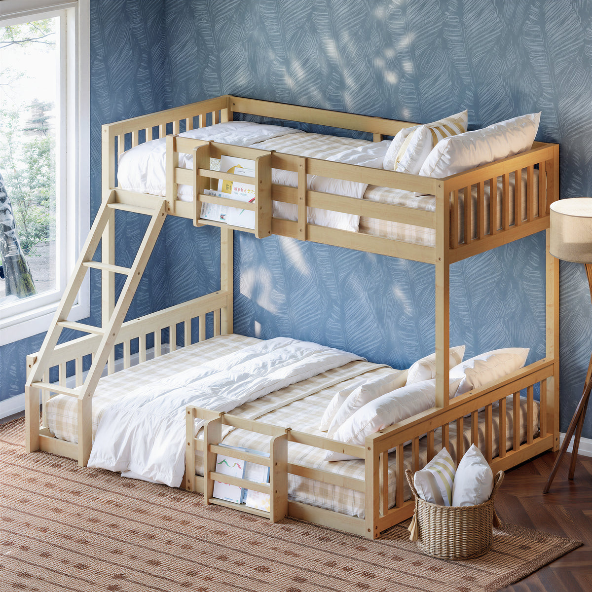 Twin Over Full Floor Bunk Bed with Ladder and Bookshelf, Space-Saving, Noise-Free, No Box Spring Needed,Natural