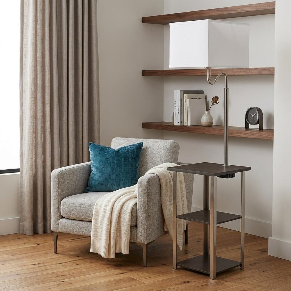 58" Steel Tray Table Floor Lamp With White Square Shade