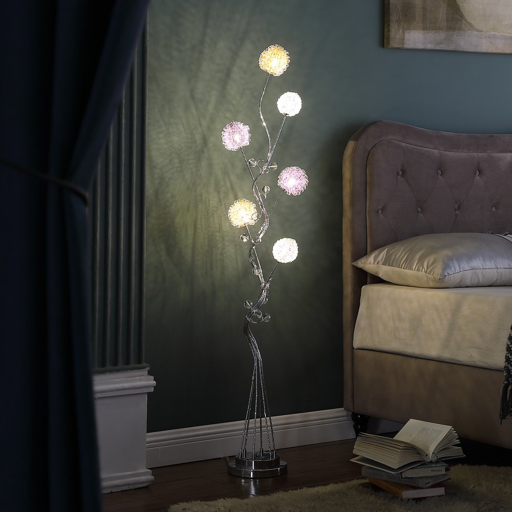 59" Silver Six Light LED Novelty Floor Lamp With Purple And White Metal Novelty Shade
