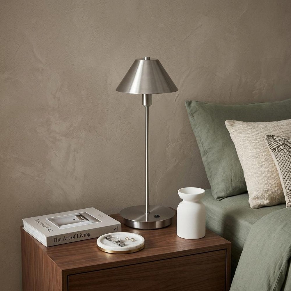 17" Silver Metal Bedside Table Lamp With Silver Cone Shade