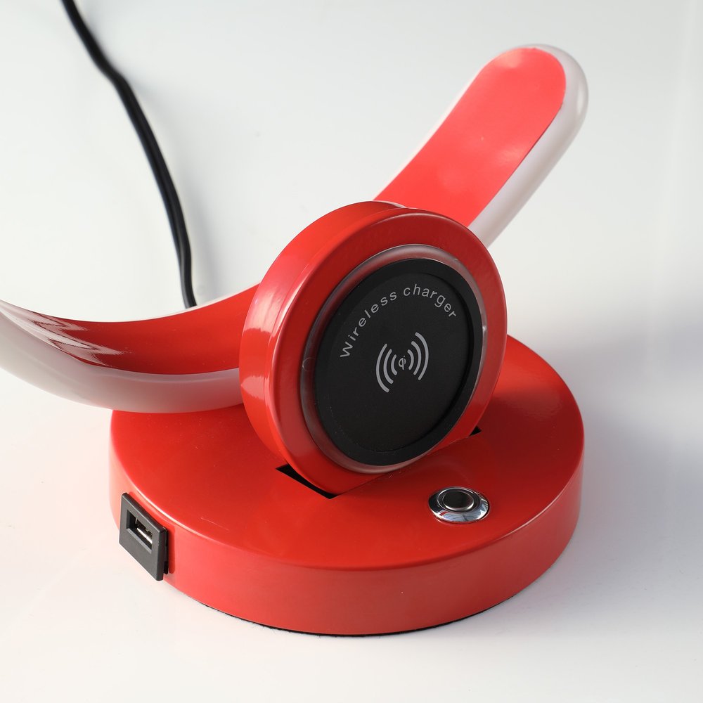 13" Red Contempo C Shape LED with USB Desk or Table Lamp