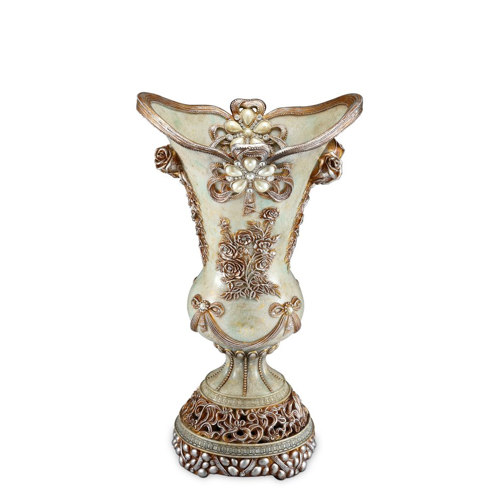 16" Green Bronze and Silver Floral Trumpet Polyresin Table Vase With Stones