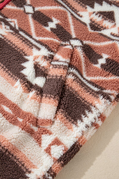 Retro Unique Geometric Print Corduroy Trim Button-Up Jacket Classic Modern Deep Rose Jacket