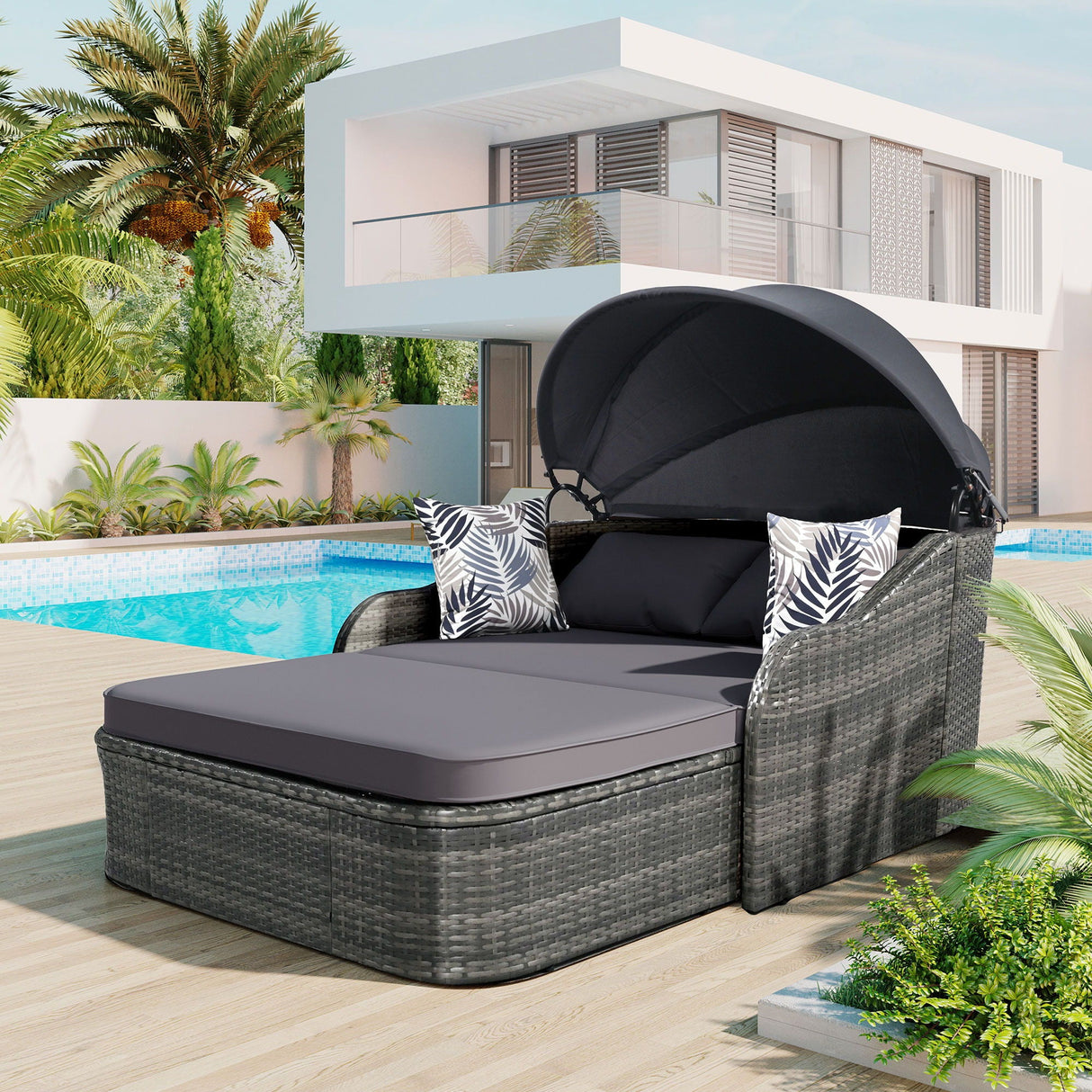 Outdoor Sunbed With Adjustable Canopy, Daybed With Pillows, Double Lounge, PE Rattan Daybed by Couch.com
