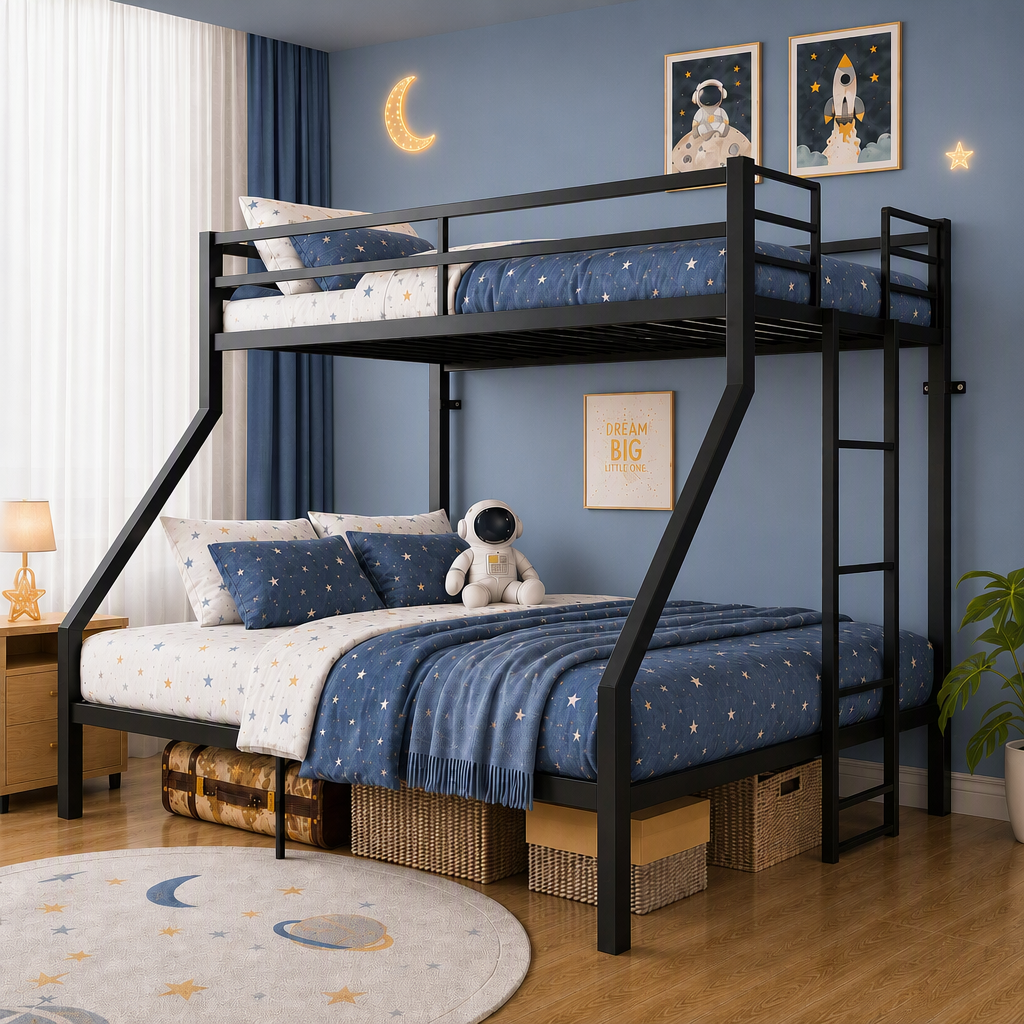 Heavy Duty Twin over Queen Metal Bunk Bed with 1200 LBS Capacity, Noise-Free Structure with Wall Mount & Anti-Slip Ladder