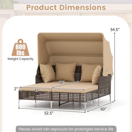 Outdoor Daybed with Retractable Canopy PE Wicker Rattan Patio Lounger-Brown