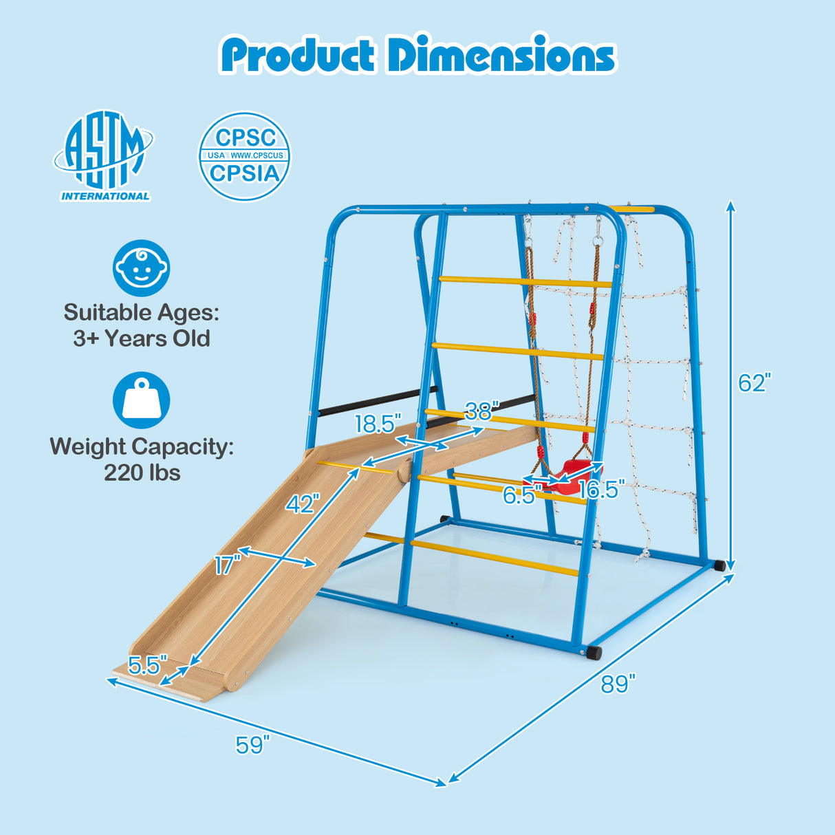 6-in-1 Indoor Jungle Gym with Slide for Boys and Girls 3+ Years Old-Blue