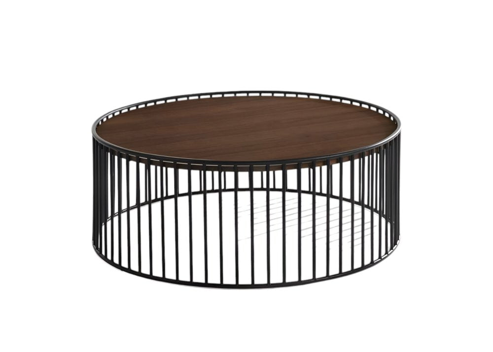 36" Brown and Black Wood And Metal Round Frame Coffee Table