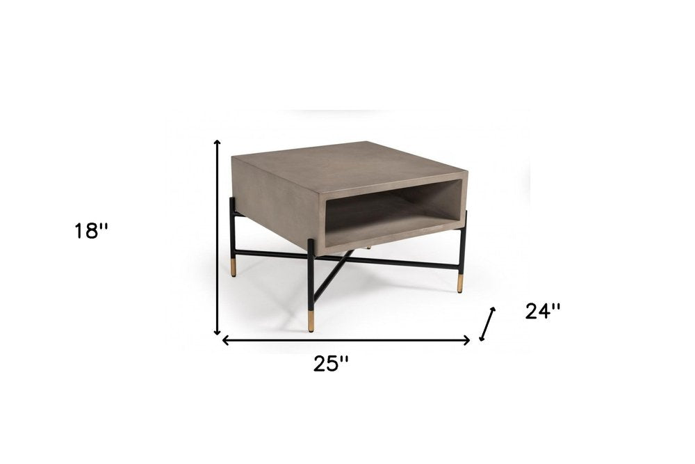 25" Gray and Black Concrete And Metal Square Coffee Table With Shelf