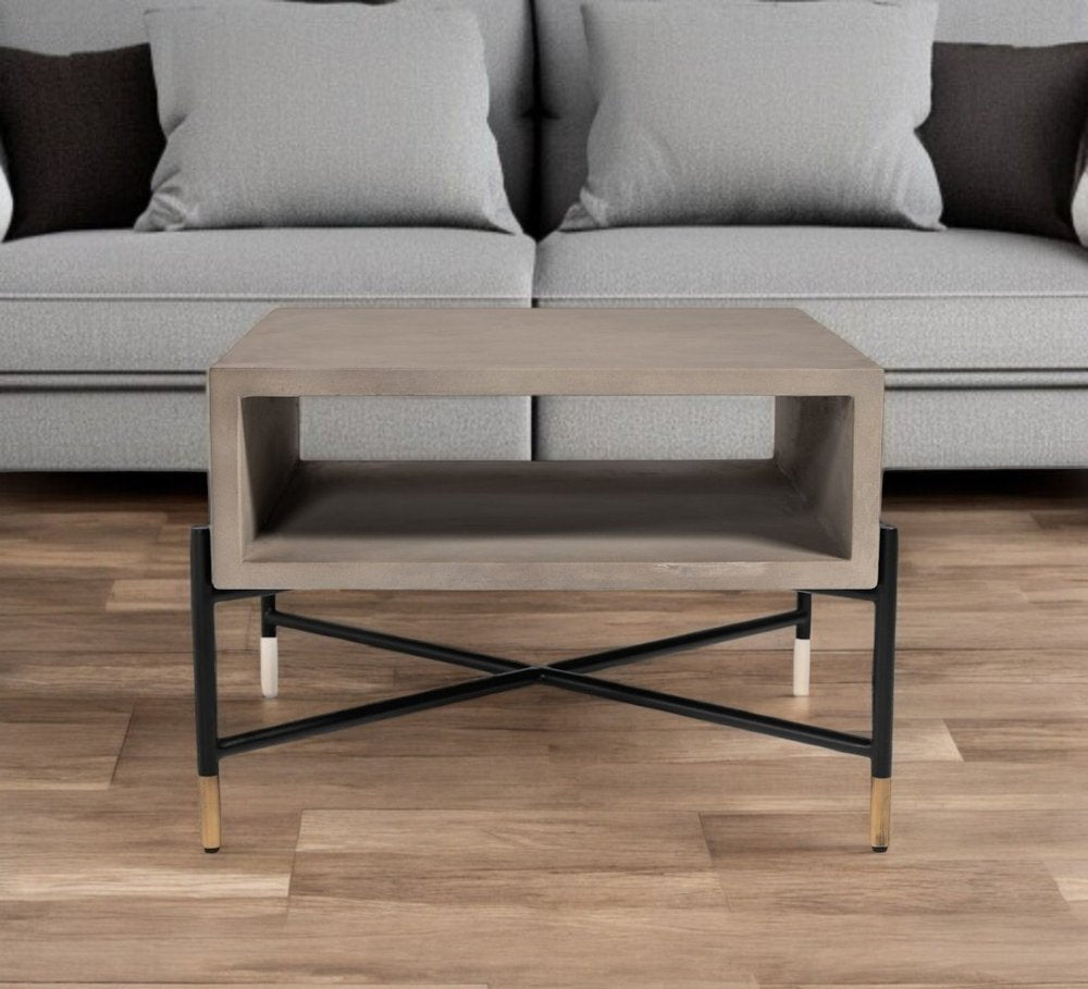25" Gray and Black Concrete And Metal Square Coffee Table With Shelf