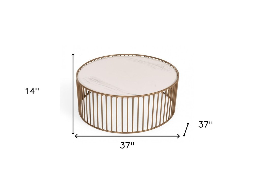 37" White and Gold Faux Marble And Metal Round Frame Coffee Table