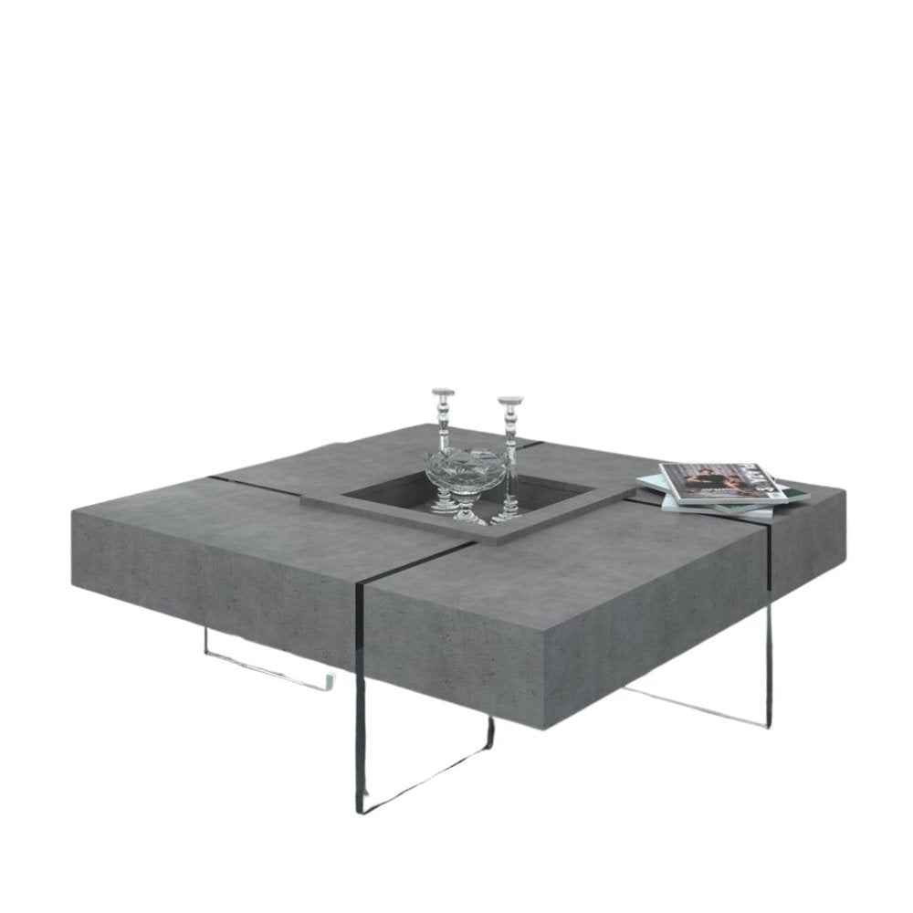 47" Gray and Clear Concrete And Glass Square Solid Coffee Table