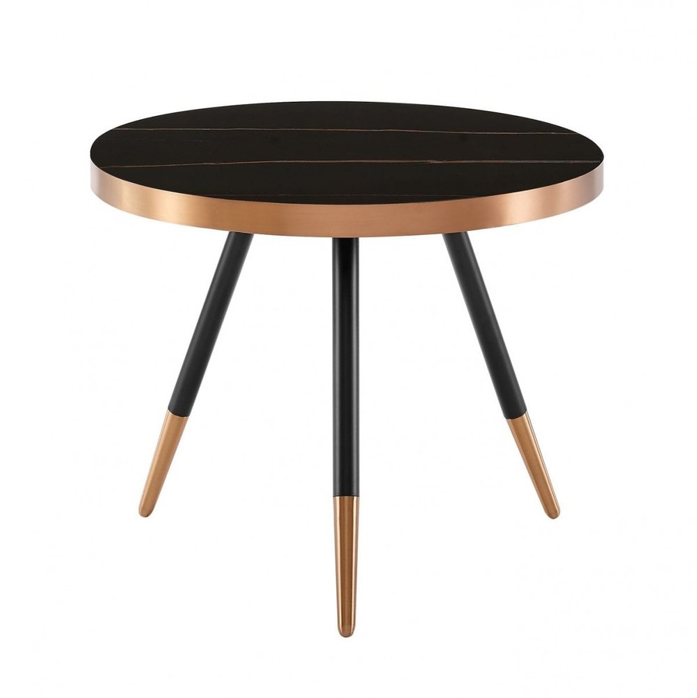 20" Black and Gold Faux Marble And Metal Round Coffee Table