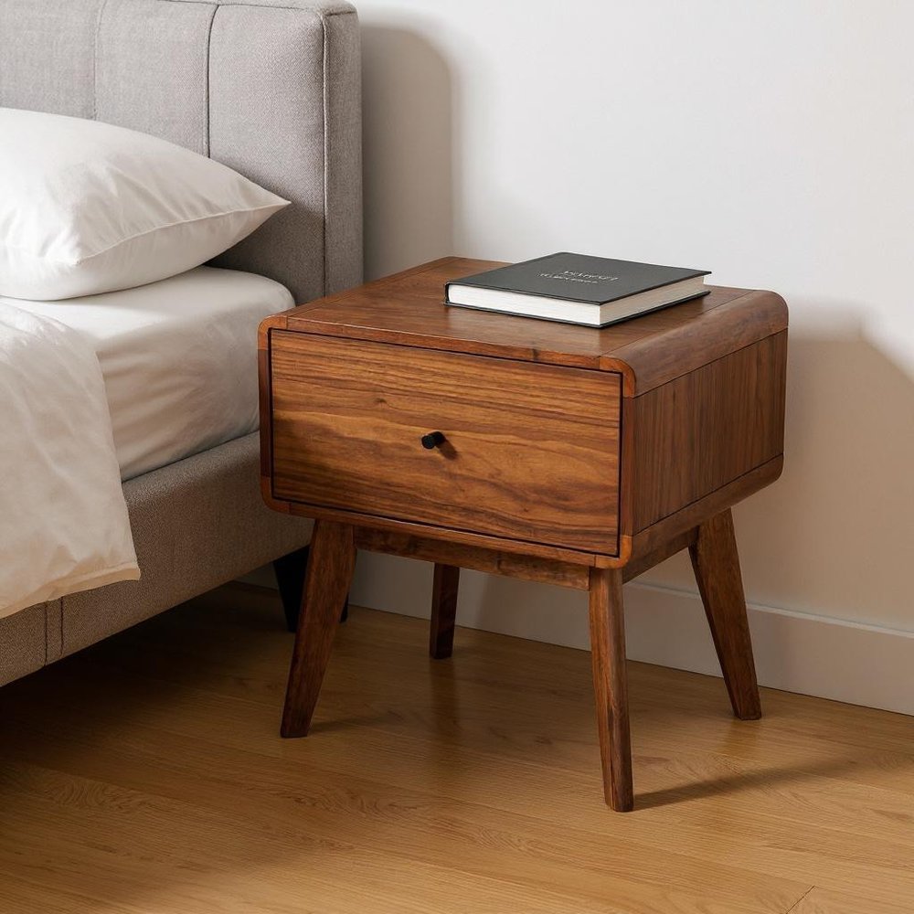 Modern Mid Century Walnut Nightstand with Single Drawer