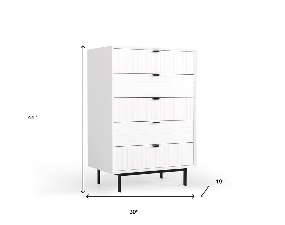 30" White Solid Wood Five Drawer Dresser