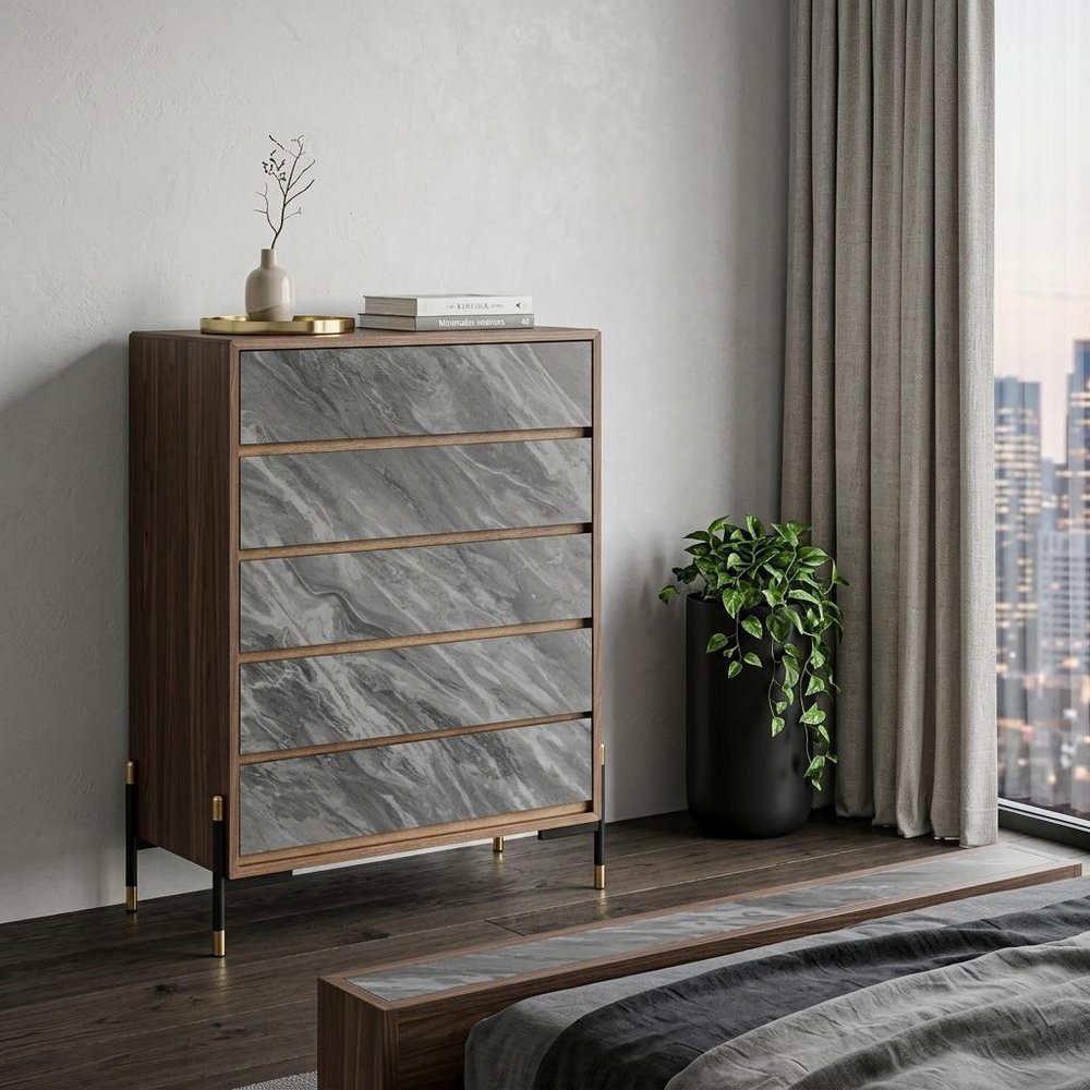 30" Brown Wood Five Drawer Dresser