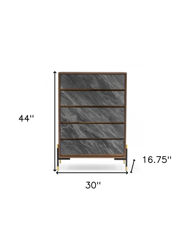 30" Brown Wood Five Drawer Dresser