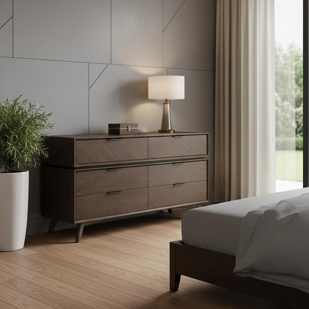 65" Dark Brown Solid Wood Six Drawer Double Dresser