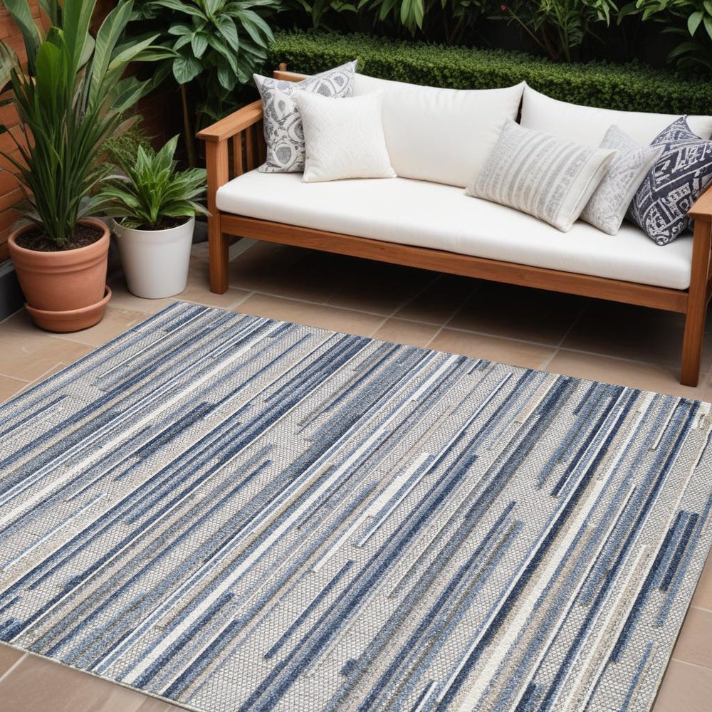 7' X 9' Blue Abstract Stain Resistant Indoor Outdoor Area Rug