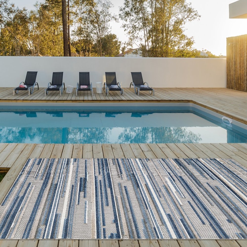 7' X 9' Blue And Gray Abstract Stripe Indoor Outdoor Area Rug
