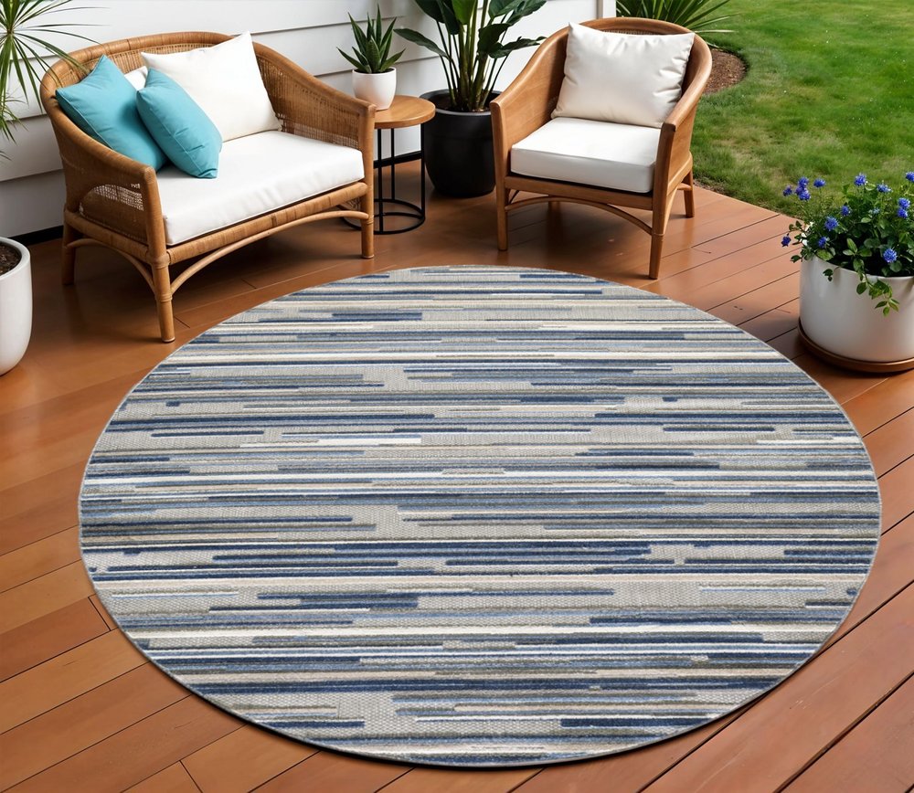 8’ Round Blue Abstract Striped Indoor Outdoor Area Rug