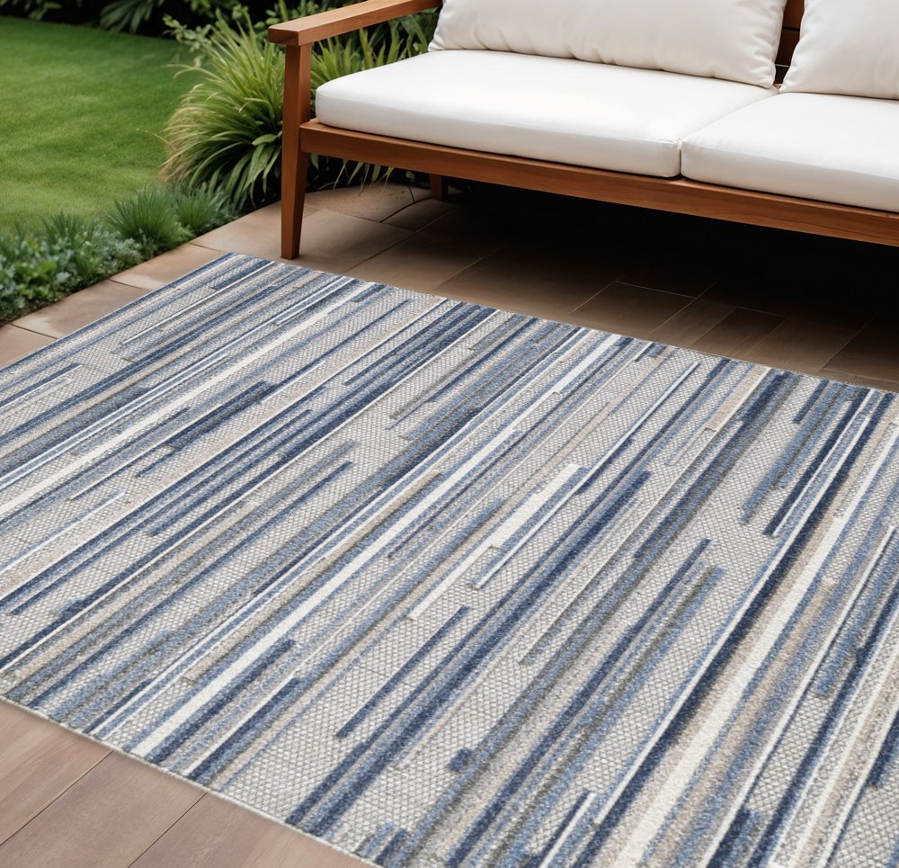 8' X 10' Blue Gray And Ivory Striped Indoor Outdoor Area Rug