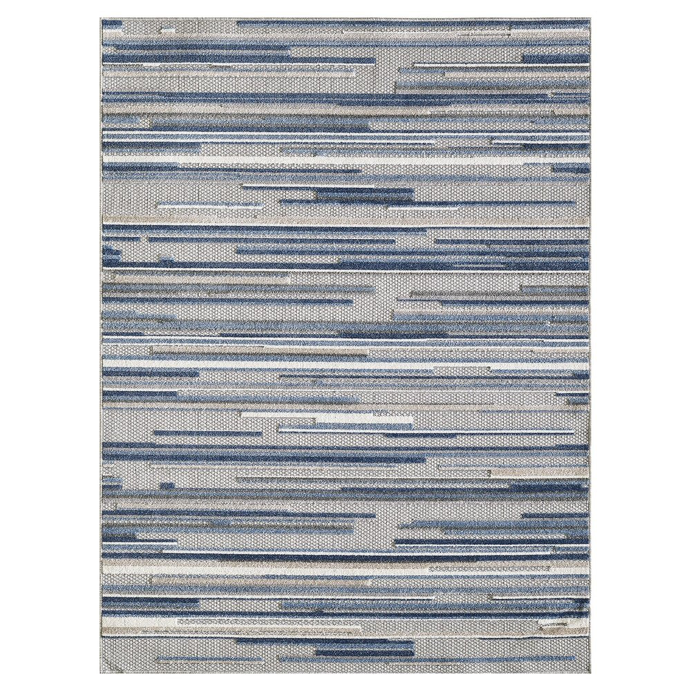 8' X 10' Blue Gray And Ivory Striped Indoor Outdoor Area Rug