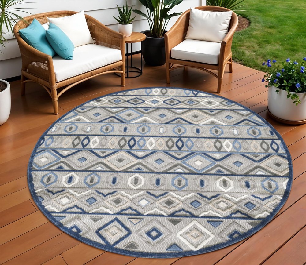 8' Round Blue And Gray Round Abstract Stain Resistant Indoor Outdoor Area Rug