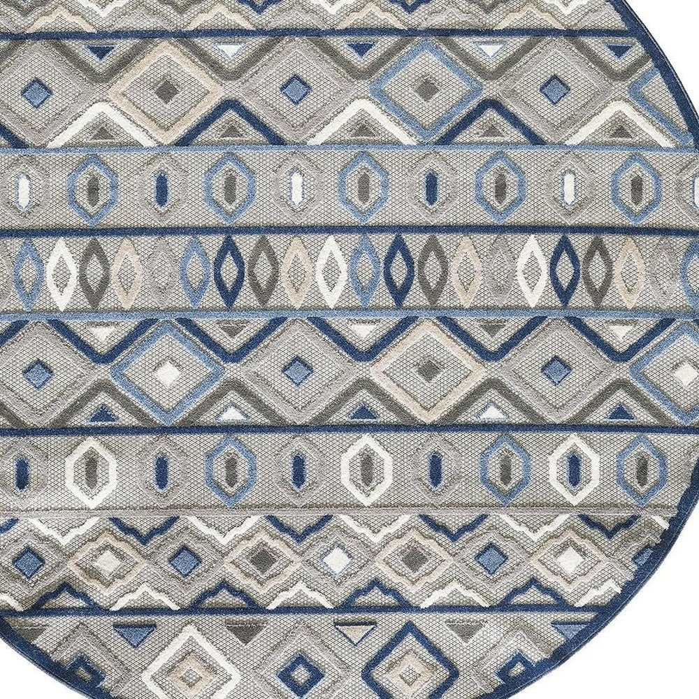 8' Round Blue And Gray Round Abstract Stain Resistant Indoor Outdoor Area Rug