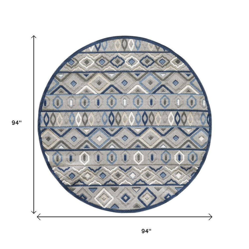 8' Round Blue And Gray Round Abstract Stain Resistant Indoor Outdoor Area Rug