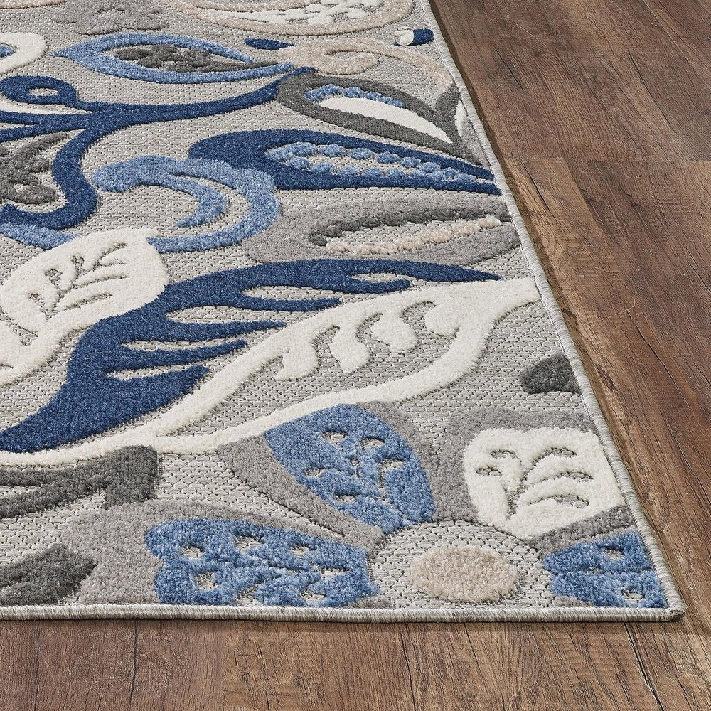 5' X 7' Blue And Gray Floral Indoor Outdoor Area Rug