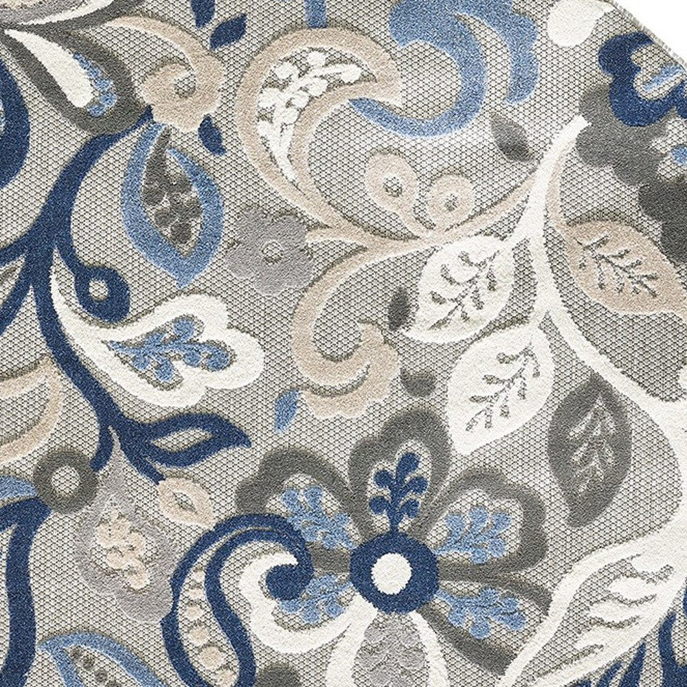8’ Round Blue Gray Jacobean Floral Indoor Outdoor Area Rug