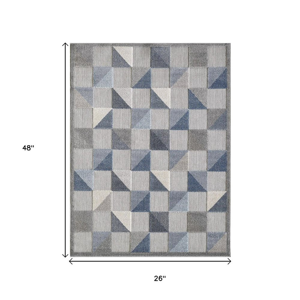 2' X 4' Blue And Gray Geometric Stain Resistant Indoor Outdoor Area Rug