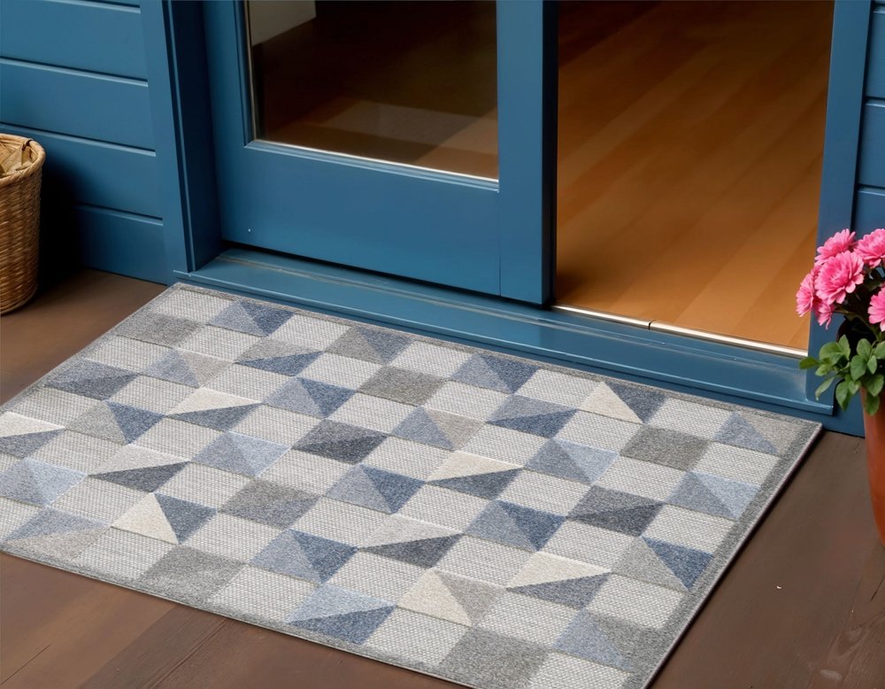 3' X 5' Blue And Gray Geometric Stain Resistant Indoor Outdoor Area Rug