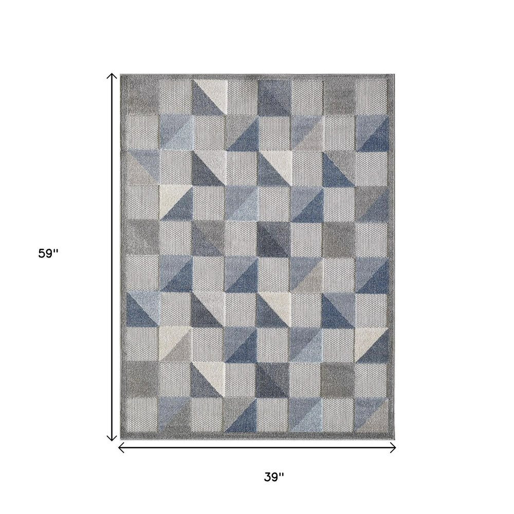 3' X 5' Blue And Gray Geometric Stain Resistant Indoor Outdoor Area Rug