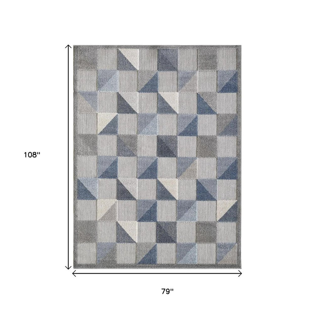 7' X 9' Blue Geometric Stain Resistant Indoor Outdoor Area Rug