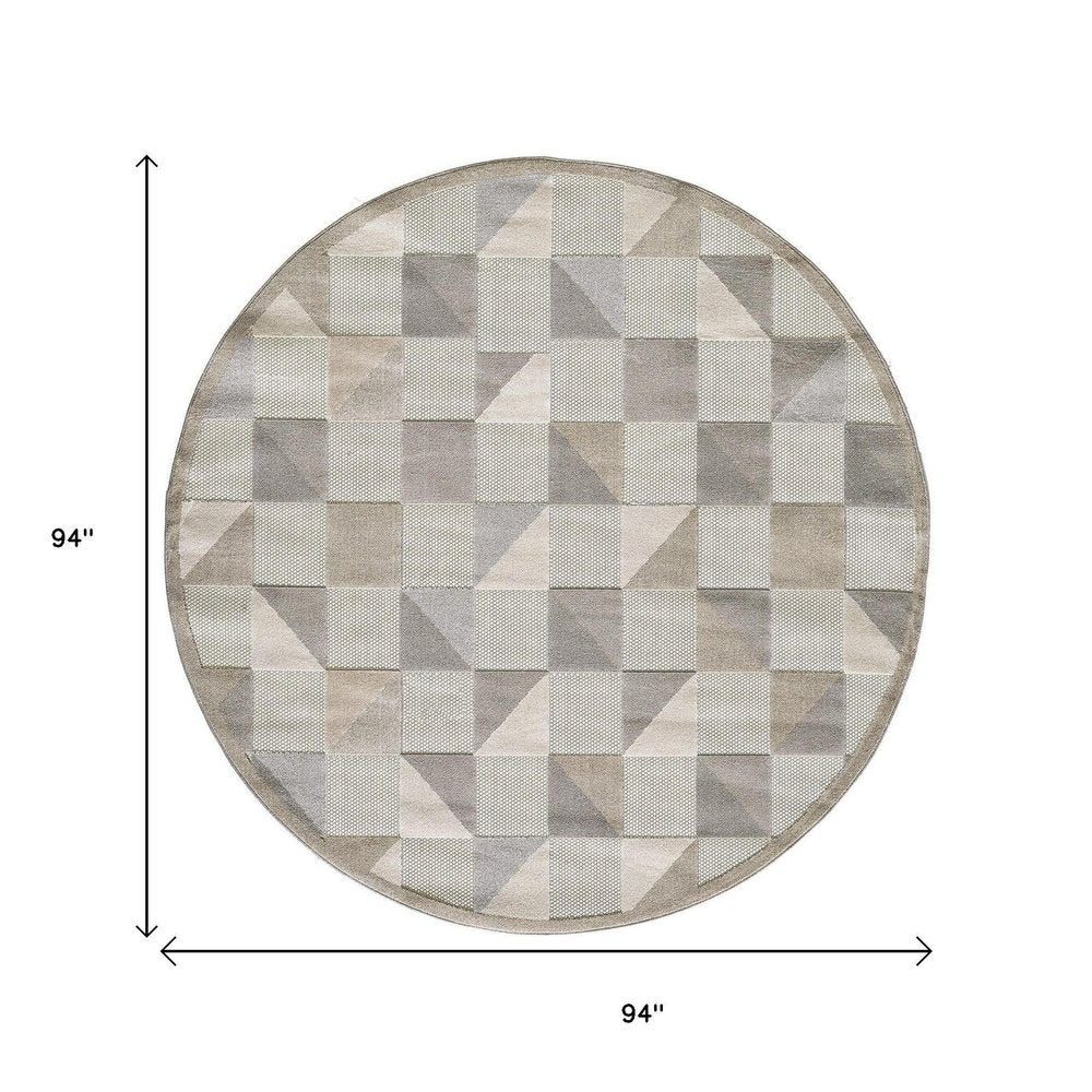 8' Round Gray Round Geometric Stain Resistant Indoor Outdoor Area Rug