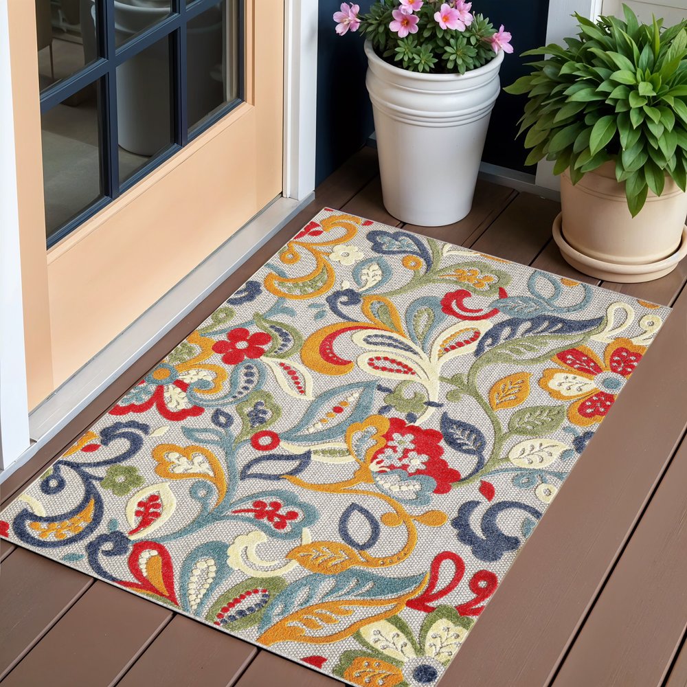 3' X 5' Ivory And Blue Floral Stain Resistant Indoor Outdoor Area Rug