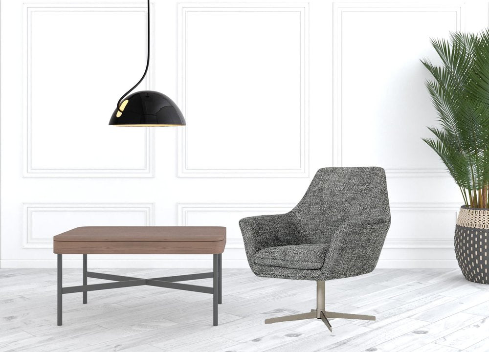 32" Dark Slate Gray And Gray And Silver Upholstered Geometric Swivel Arm Chair