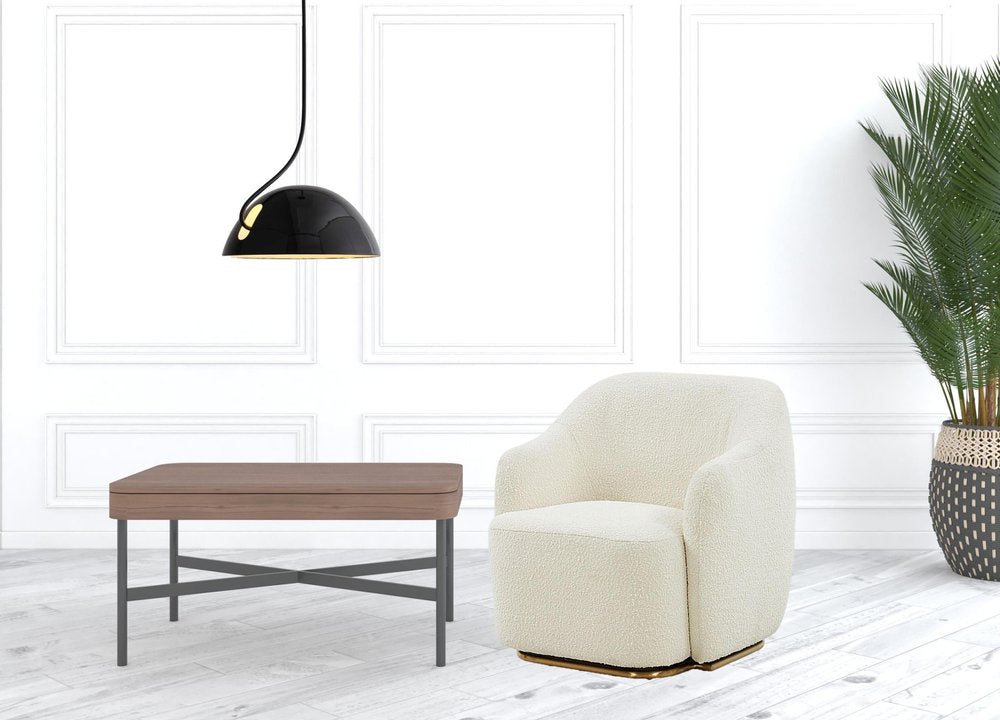 30" Off White And Gold Upholstered Swivel Arm Chair