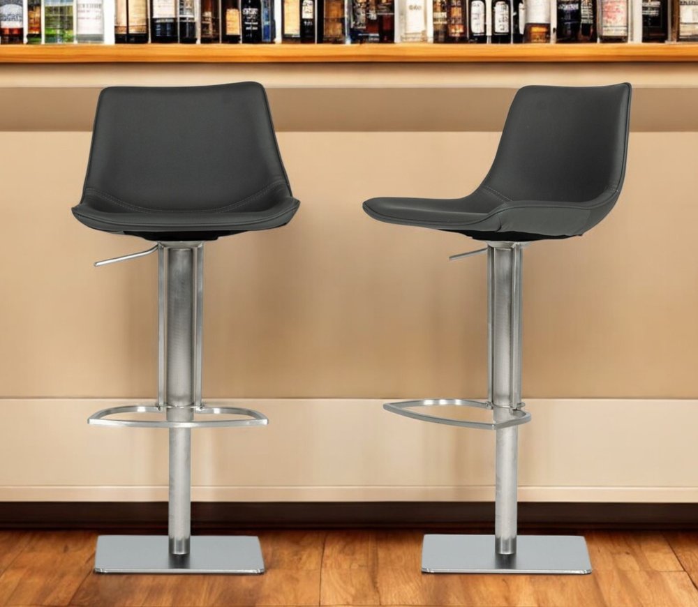 29" Gray And Silver Faux Leather And Stainless Steel Swivel Low Back Bar Height Bar Chair