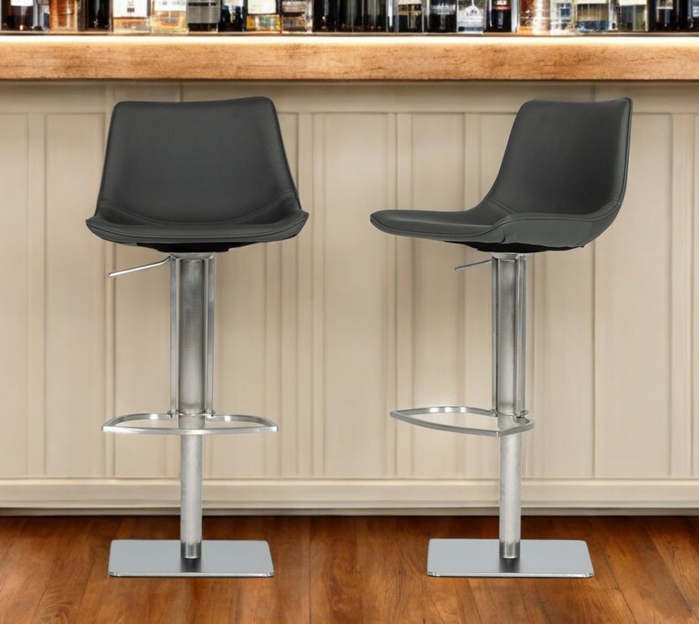 29" Gray And Silver Faux Leather And Stainless Steel Swivel Low Back Bar Height Bar Chair