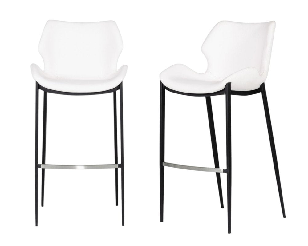 Set of Two 30" White And Black Faux Leather And Steel Low Back Bar Height Bar Chairs