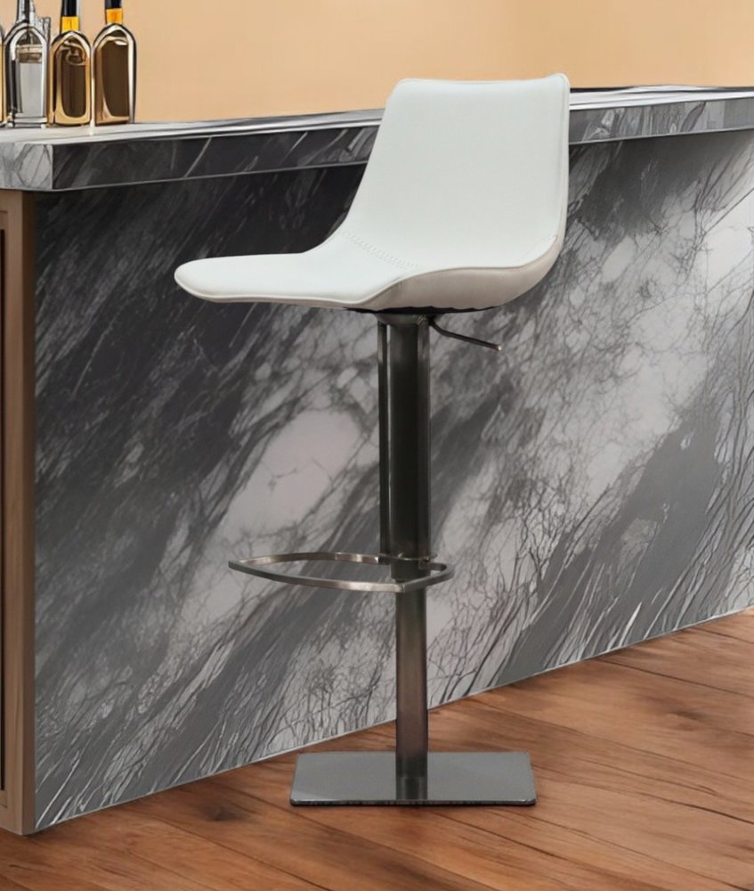 29" White and Silver Faux Leather and Stainless Steel Bar Height Swivel Bar Chair
