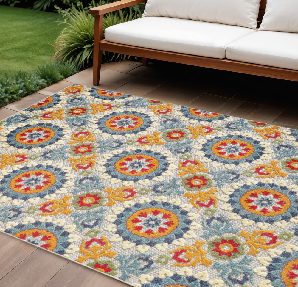 7' X 9' Orange And Ivory Moroccan Stain Resistant Indoor Outdoor Area Rug