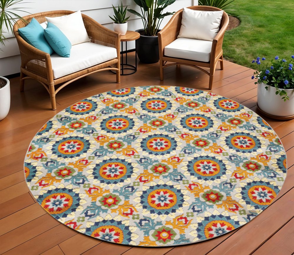 8' Round Orange And Ivory Round Moroccan Stain Resistant Indoor Outdoor Area Rug