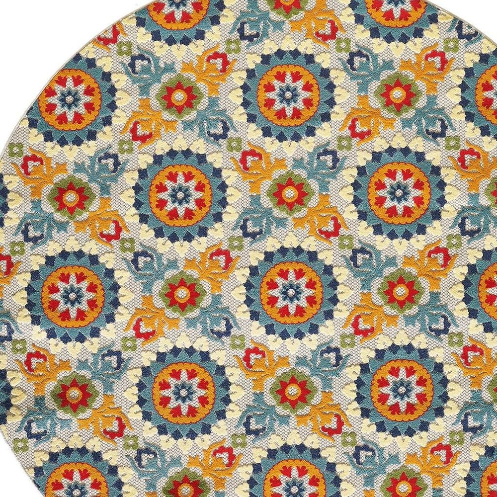 8' Round Orange And Ivory Round Moroccan Stain Resistant Indoor Outdoor Area Rug