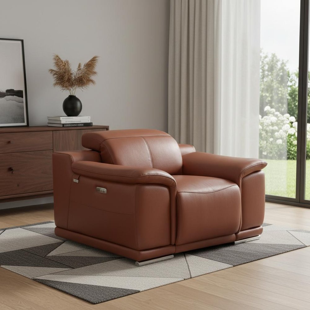 48" Camel And Silver Italian Leather Arm Chair