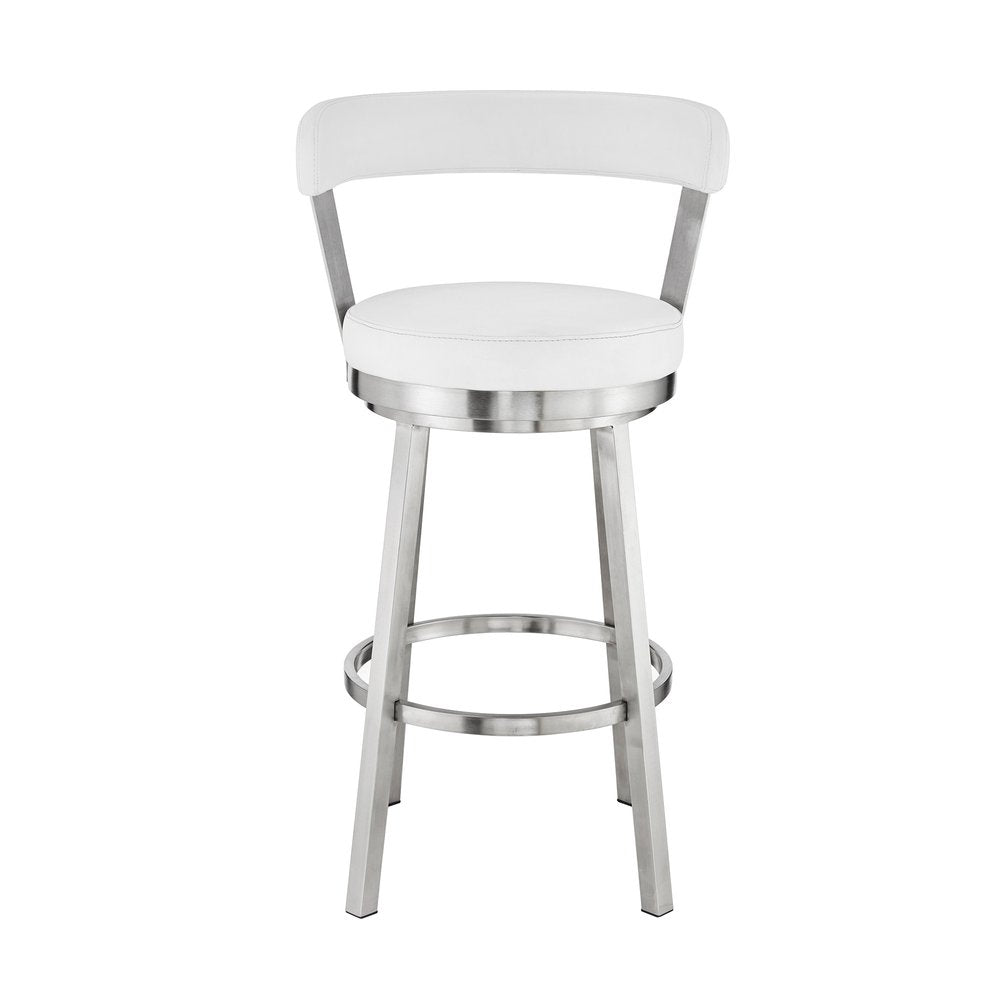 26" White And Silver Fabric And Iron Backless Counter Height Swivel Bar Chair